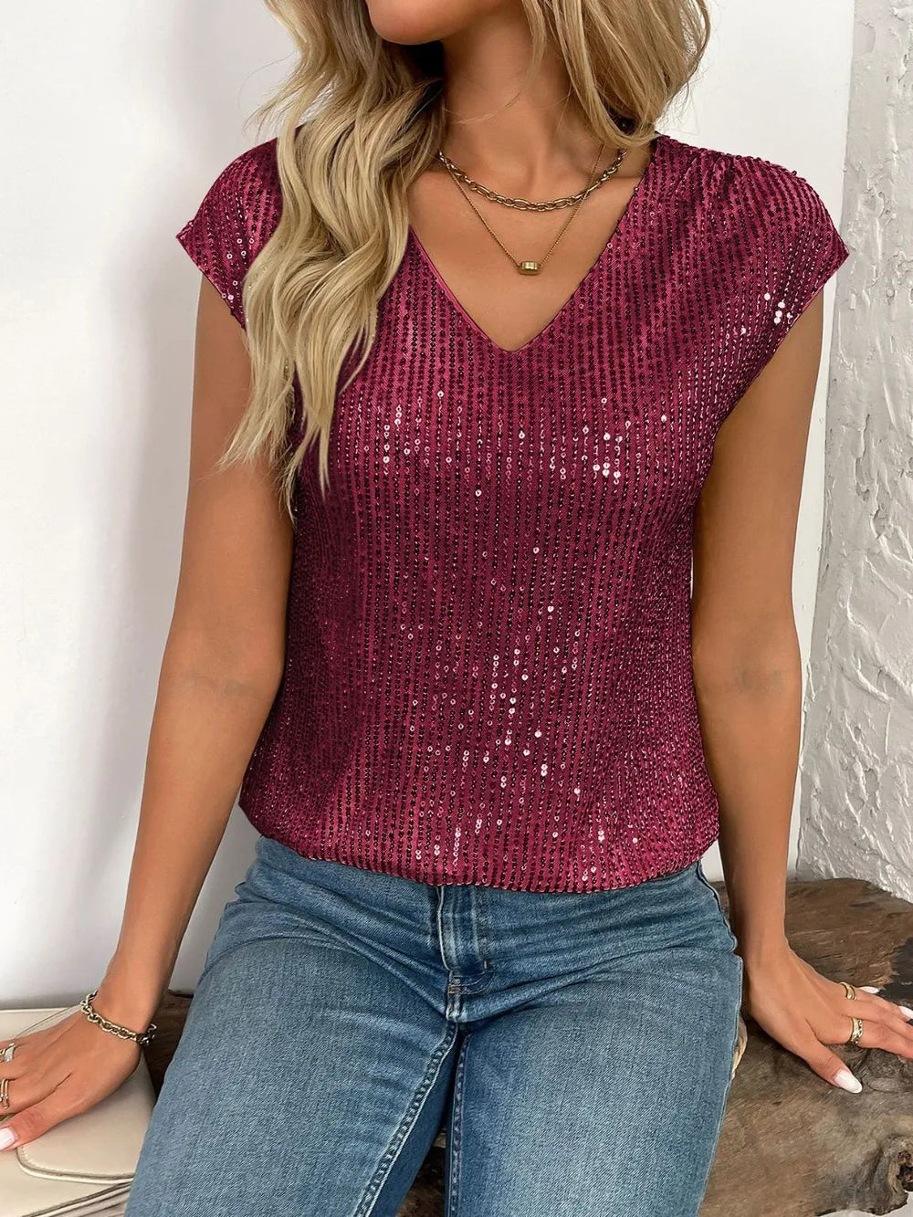 Sequin V-Neck Cap Sleeve Top burgundy