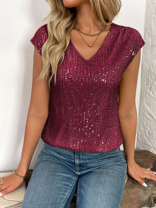 Sequin V-Neck Cap Sleeve Top burgundy
