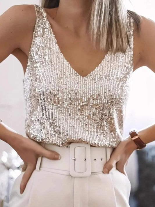 Sequin V-Neck Sleeveless Top