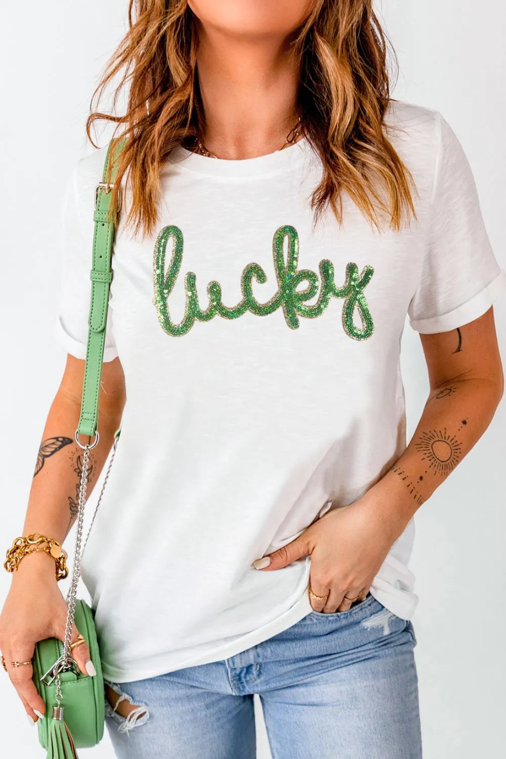 Sequined Lucky St.Patricks Day T-Shirt Graphic Tee