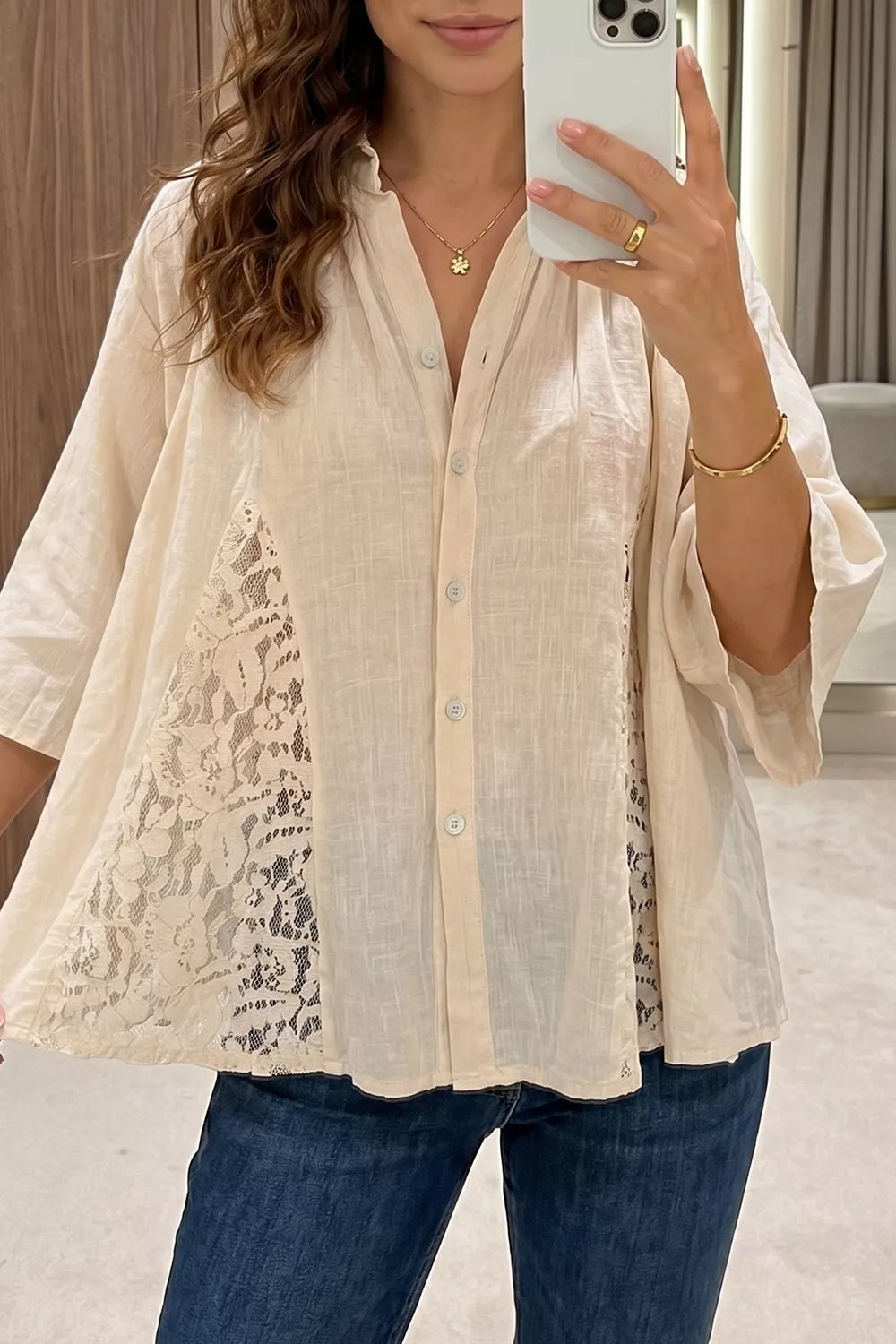 Sheer lace splicing detail bracelet sleeve loose flowy shirt from Marigold Collections Australia, lightweight and stylish blouse.