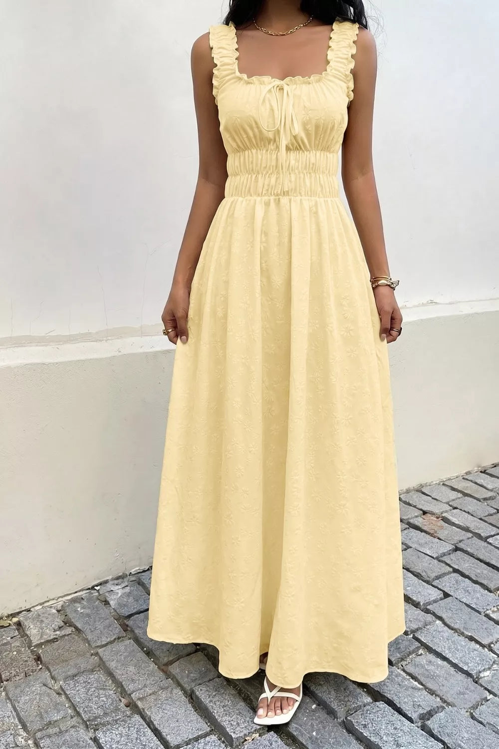 Shirred Tie-Front Sleeveless Maxi Dress – Pastel Yellow