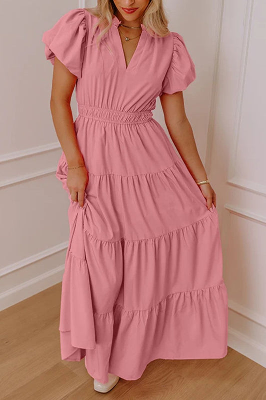 Short Puff Sleeve Tiered Maxi Dress Dusty Pink