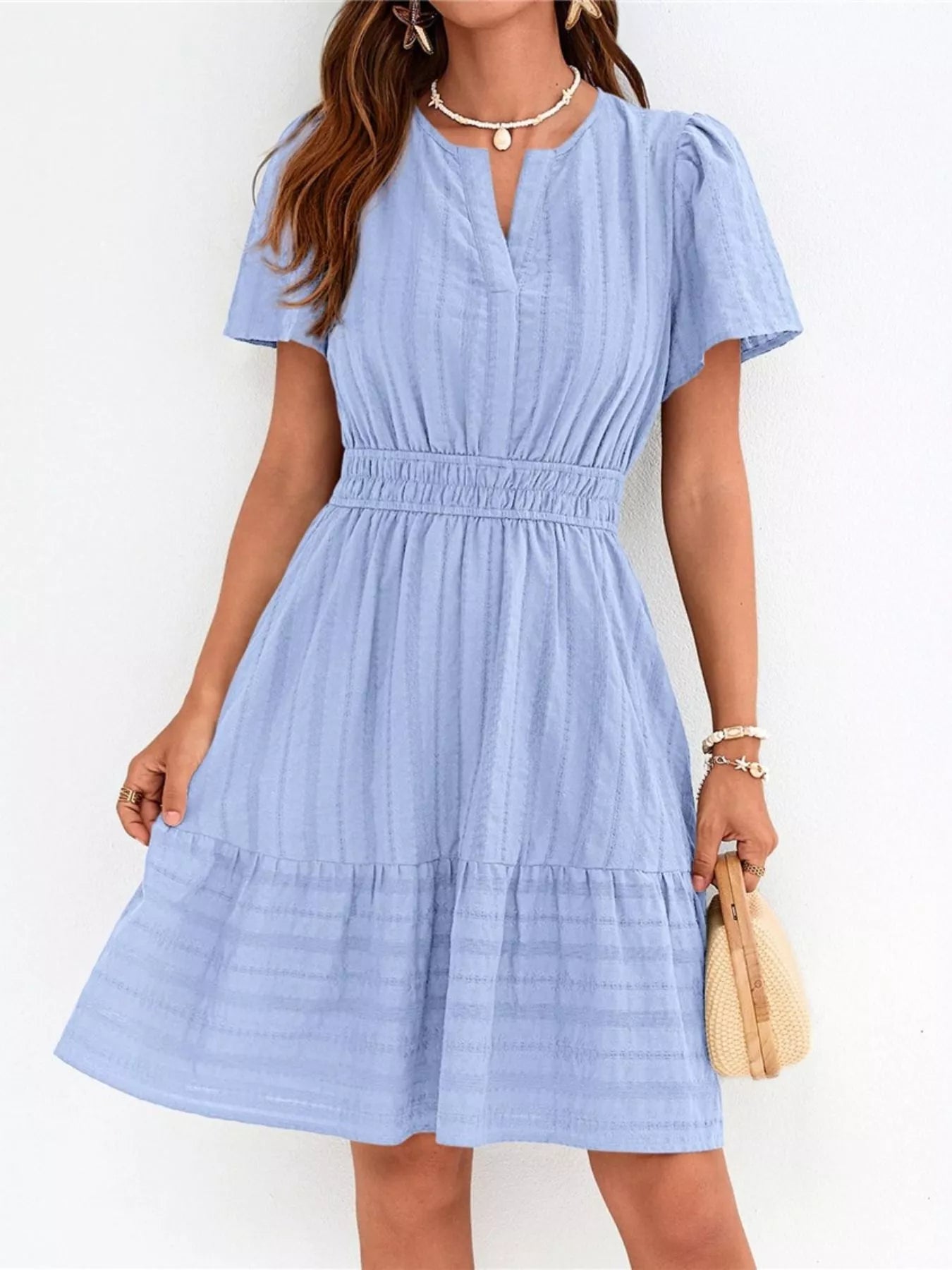 Short Sleeve Smocked Waist Tiered Dress Blue