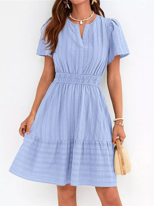 Short Sleeve Smocked Waist Tiered Dress Blue