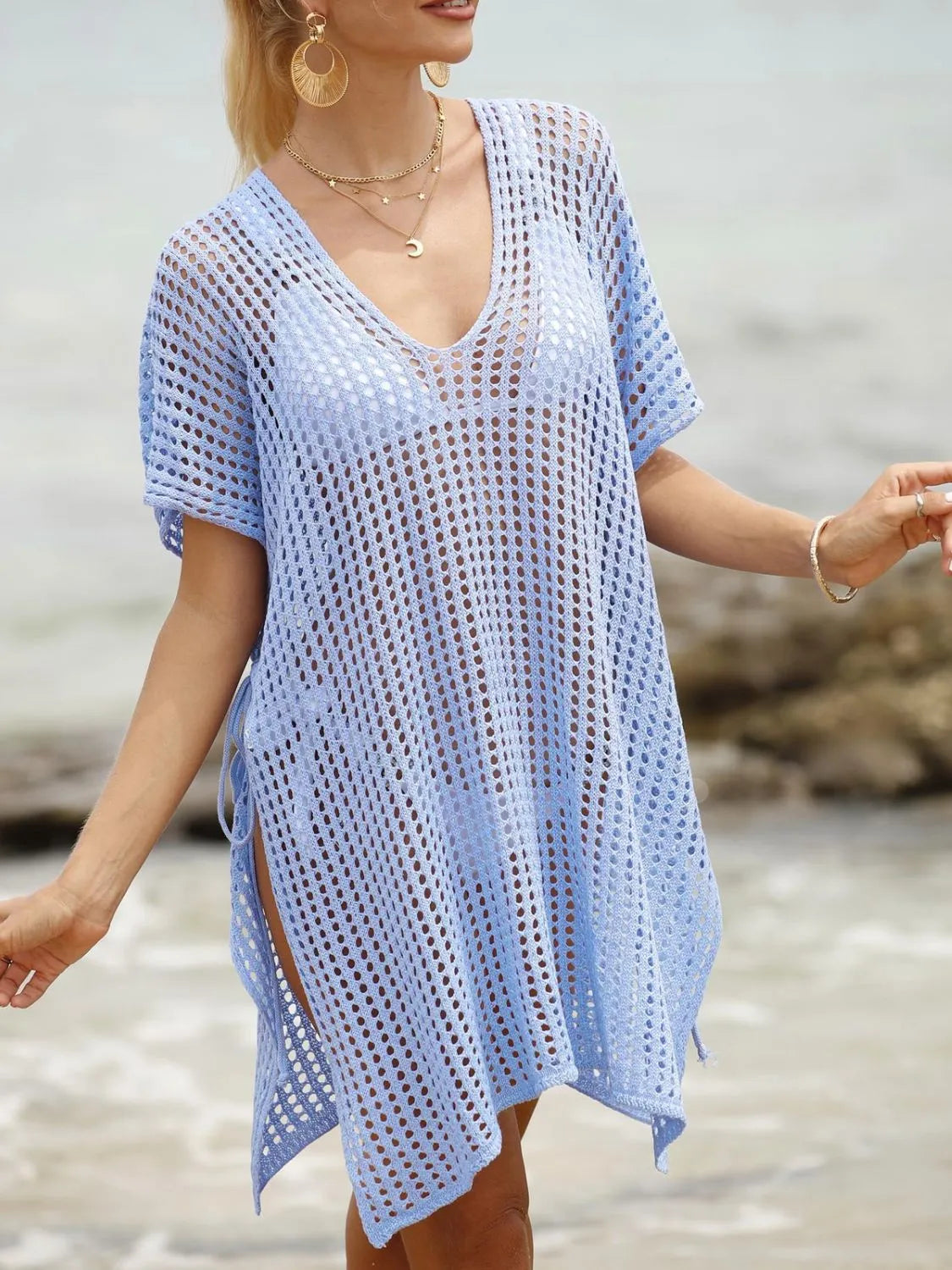 Side Tied V-Neck Cover-Up blue