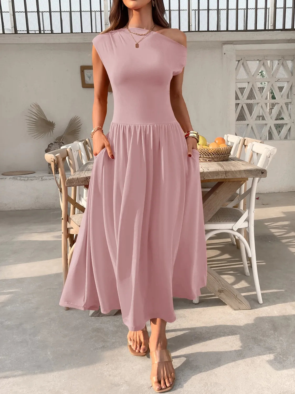 Single Shoulder Dress with Pockets - Elegant One Shoulder Party Dress for Women dusty pink
