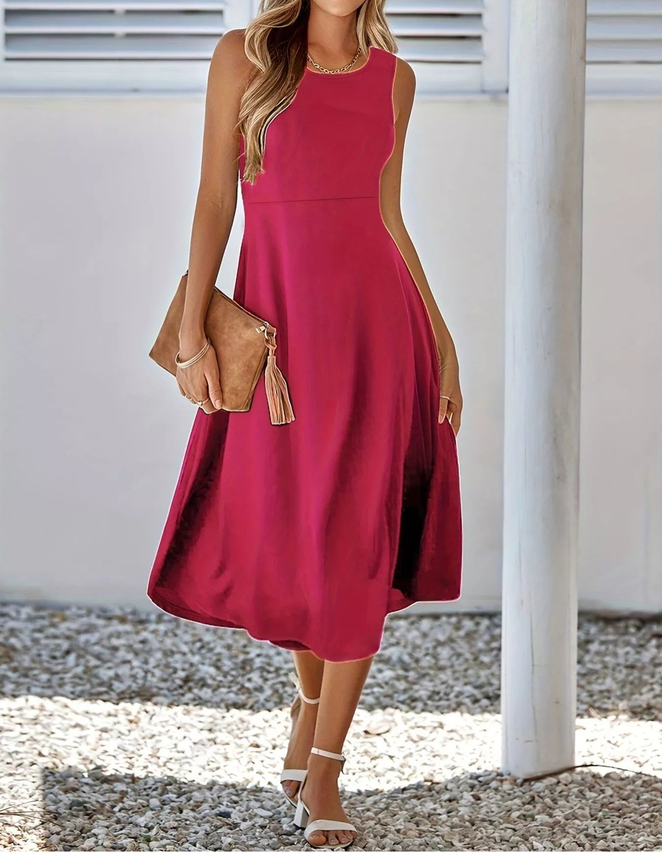 Sleeveless A-Line Midi Dress Red