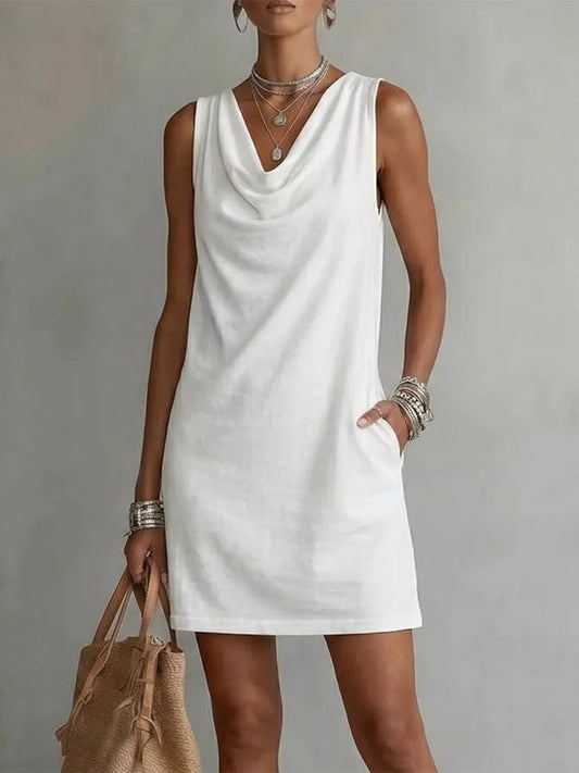 Sleeveless Cowl Neck Mini Dress with Pockets White