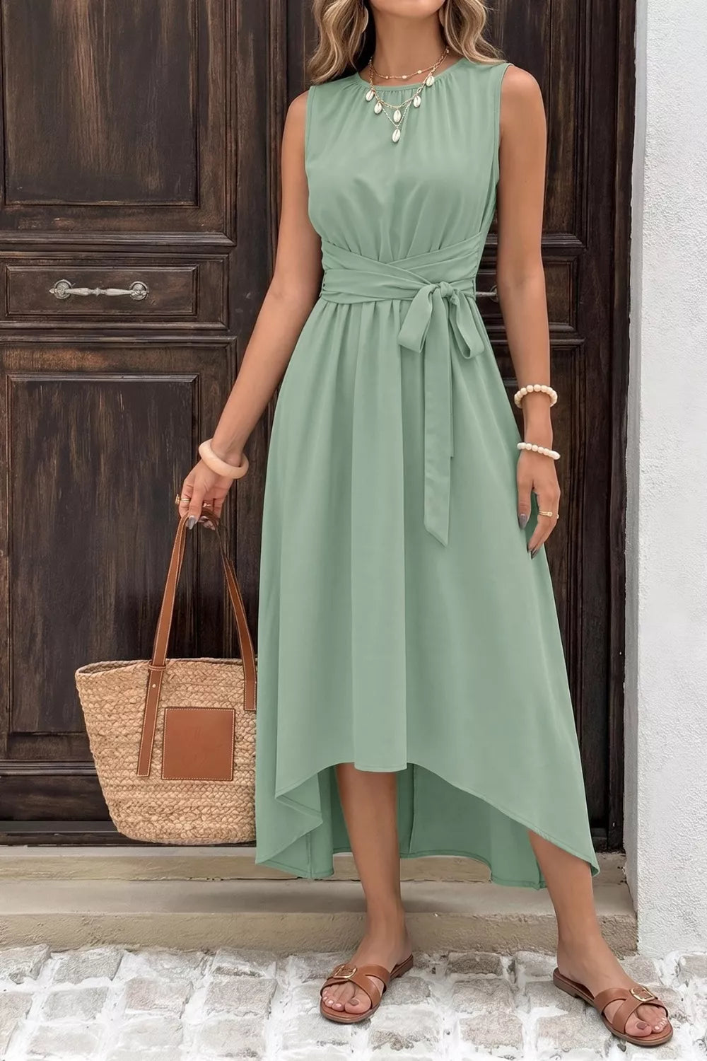 Sleeveless High-Low Hem A-Line Dress-Sage