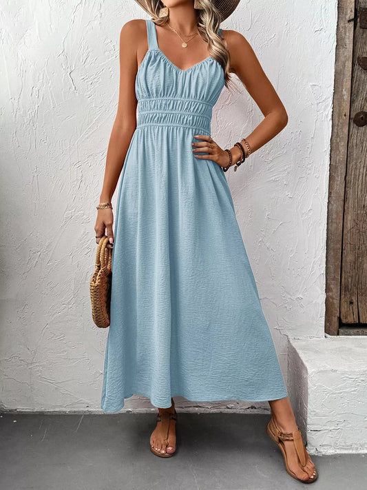 Sleeveless Smocked  Midi Dress Blue