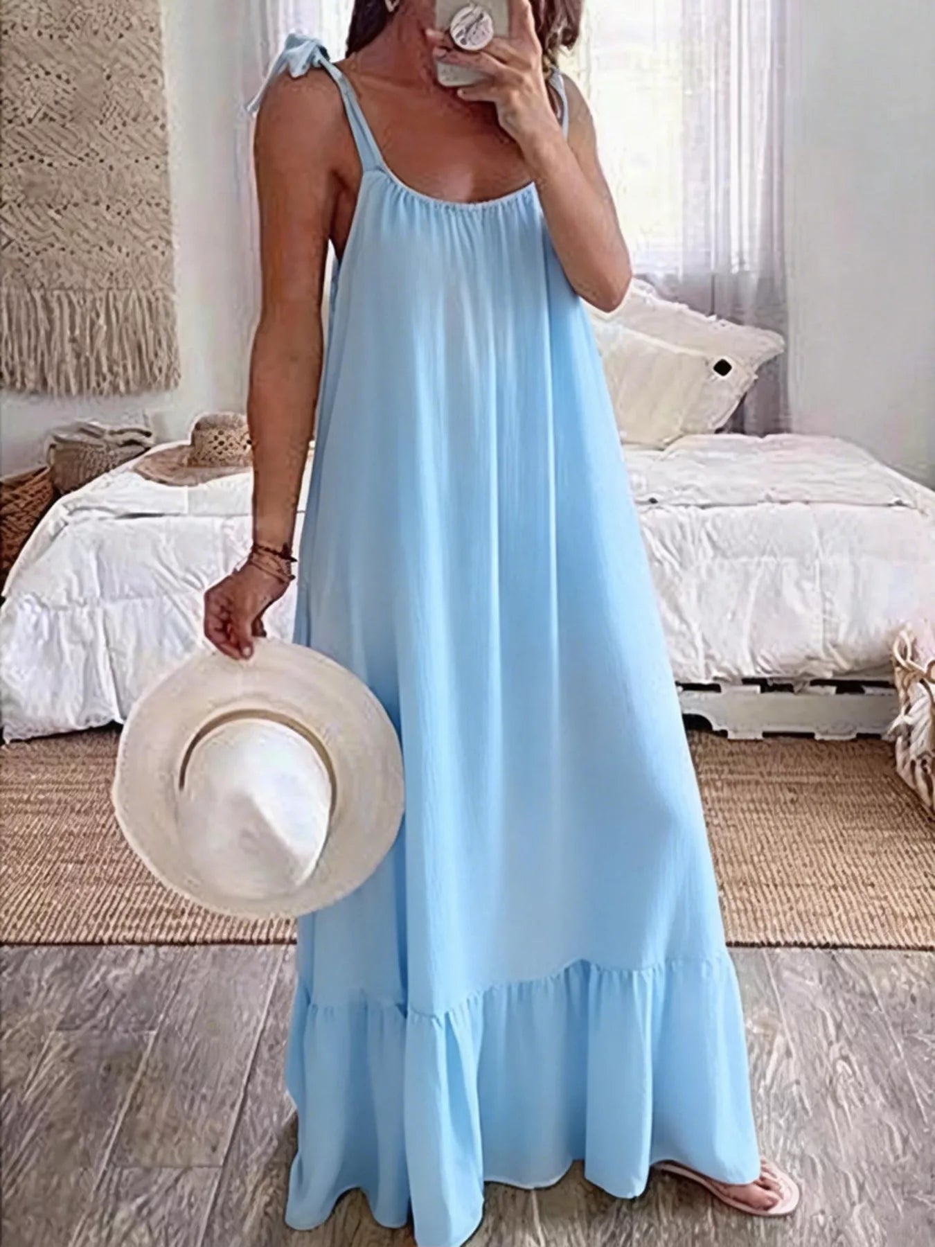 Sleeveless Tie Strap Flowy Maxi Dress Blue