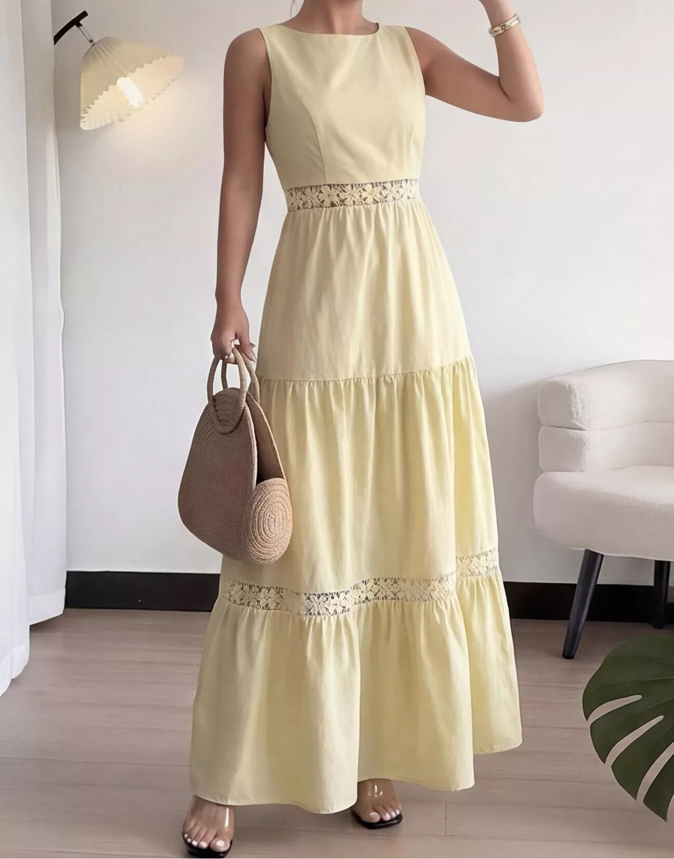 Sleeveless Tiered Lace Trim Maxi Dress