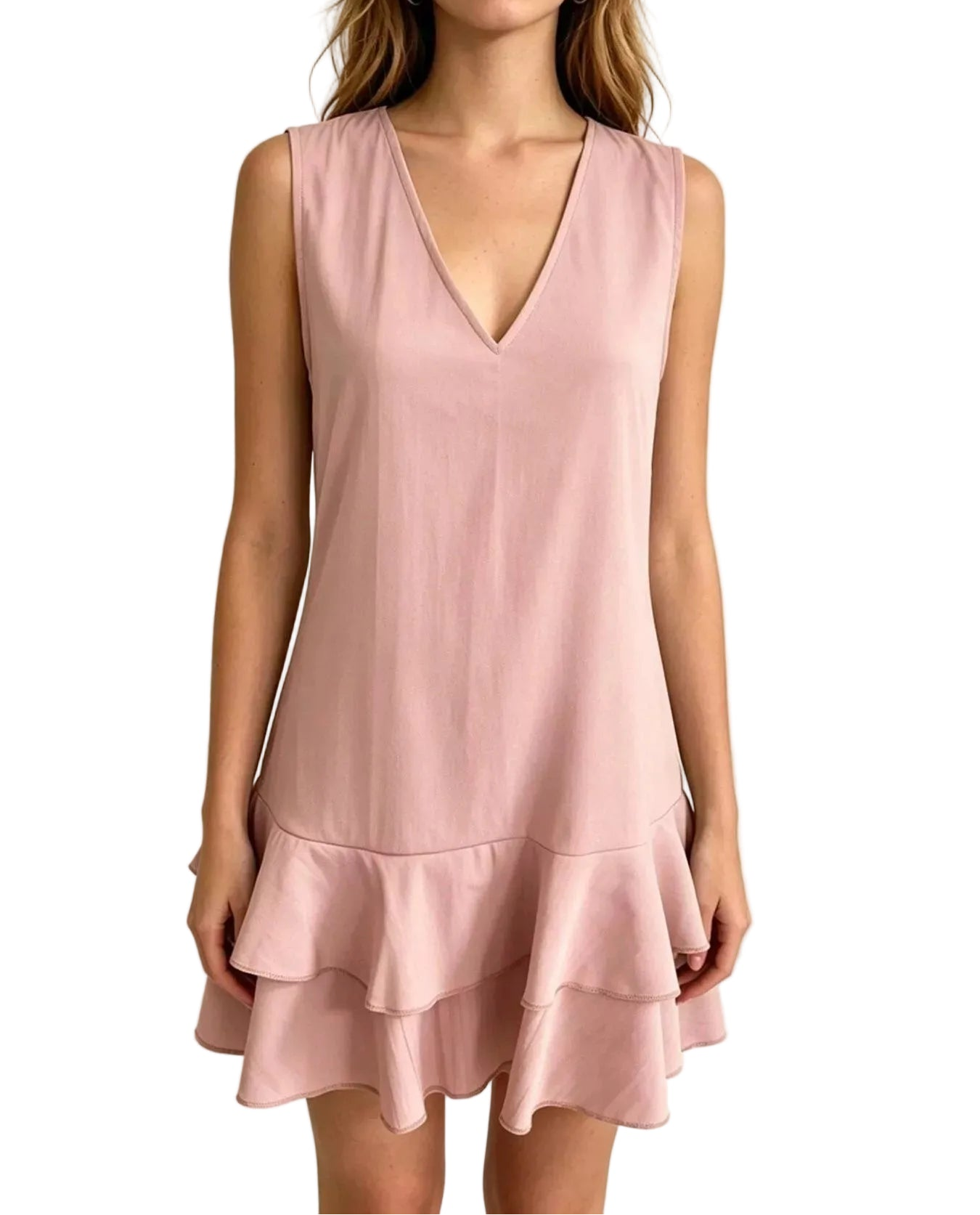 Sleeveless V-Neck Ruffle Mini Dress Pink Lotus