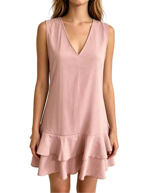 Sleeveless V-Neck Ruffle Mini Dress Pink Lotus
