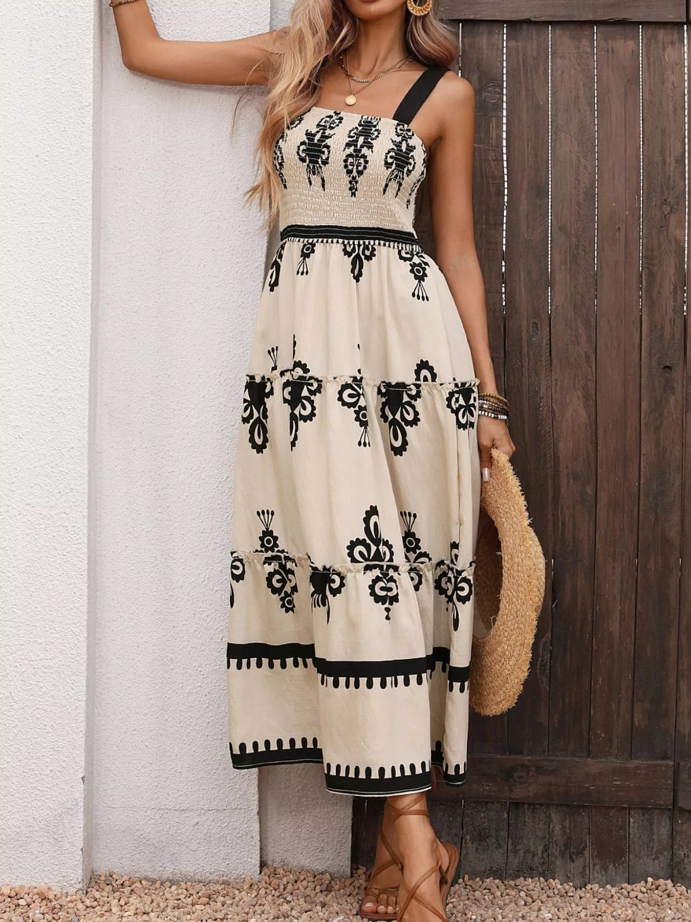 Smocked Damask Midi Dress