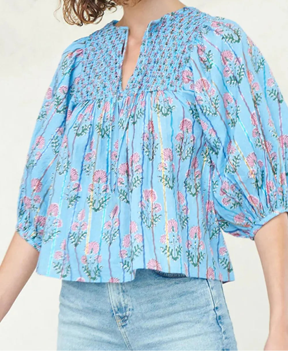 Smocked Floral Print Tie Neck Blouse