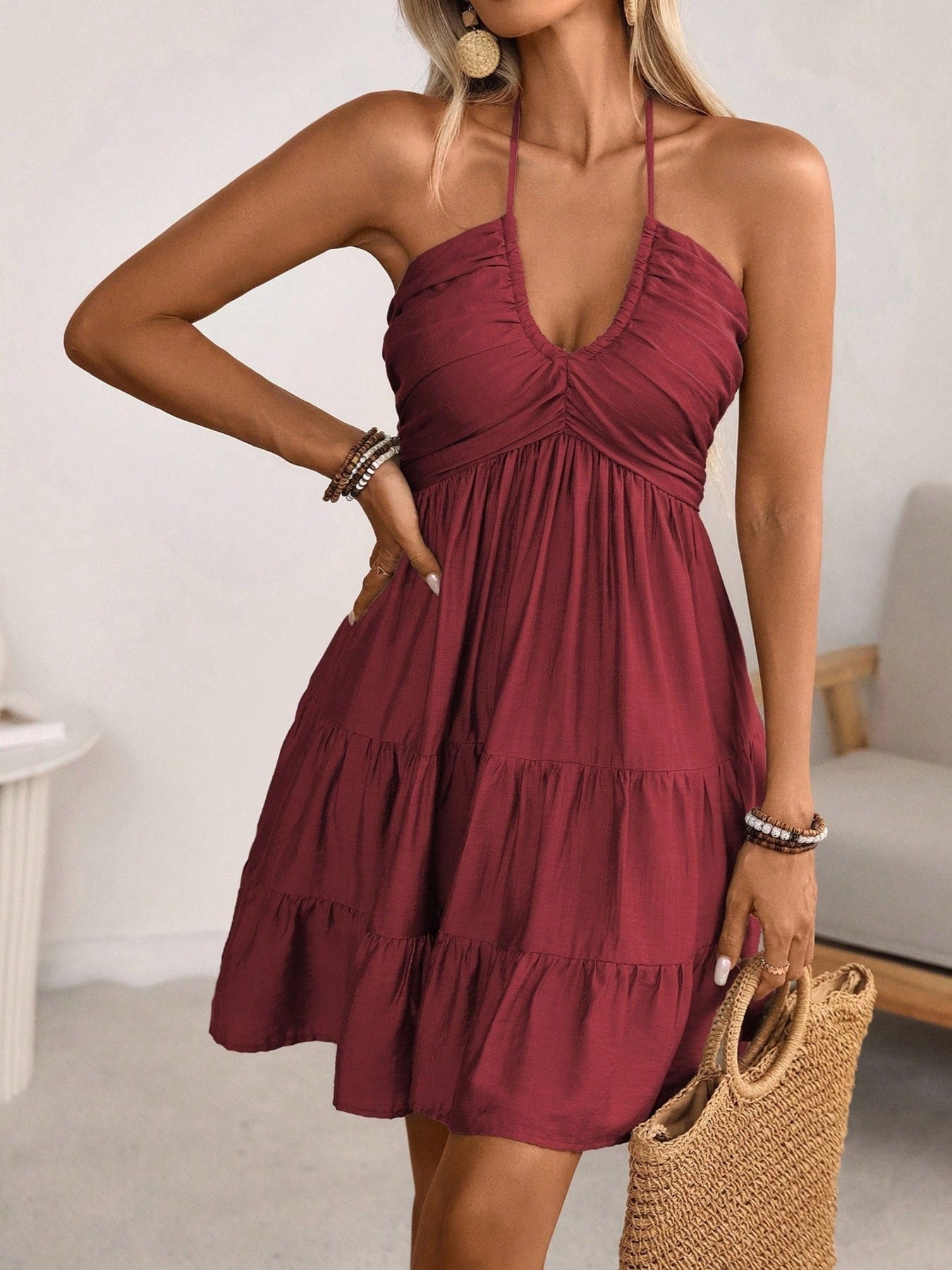 Smocked Halter Neck Tiered Mini Dress Burgundy