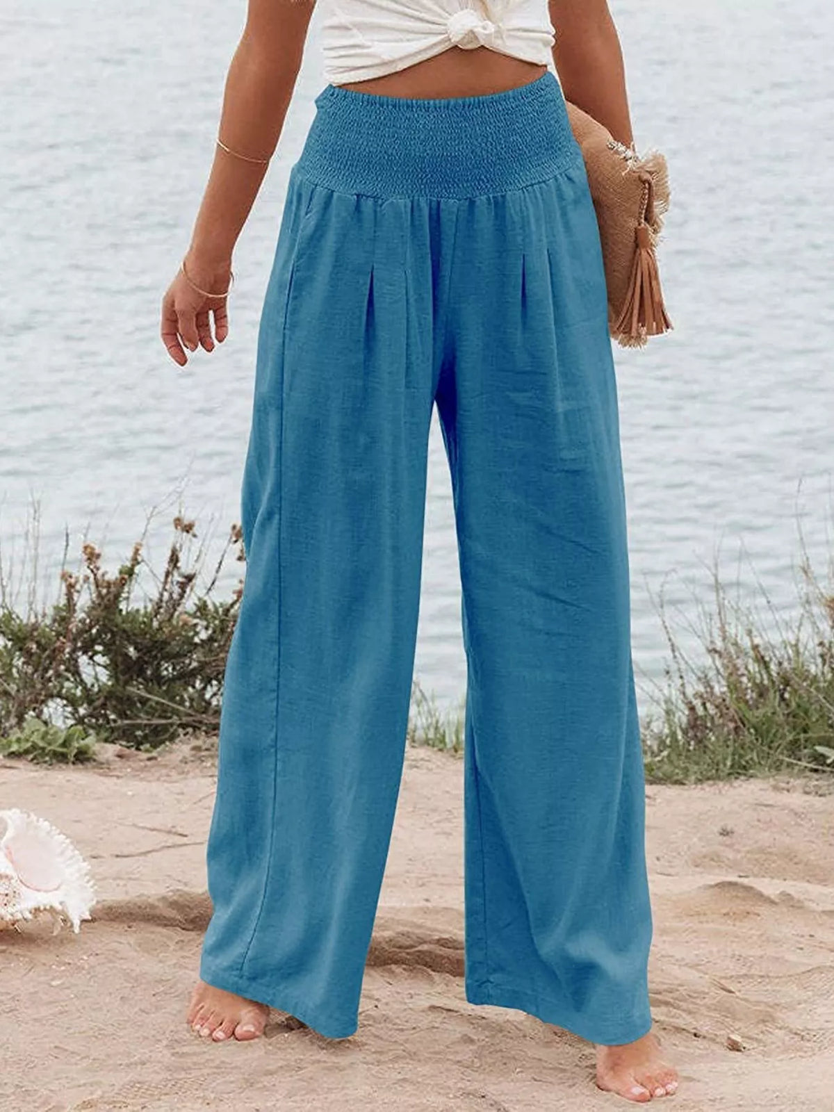 Smocked High Waisted Wide Leg Pants Sky Blue