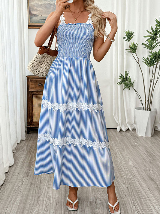 Smocked Lace Trim Midi Dress – Blue Cottagecore Dress