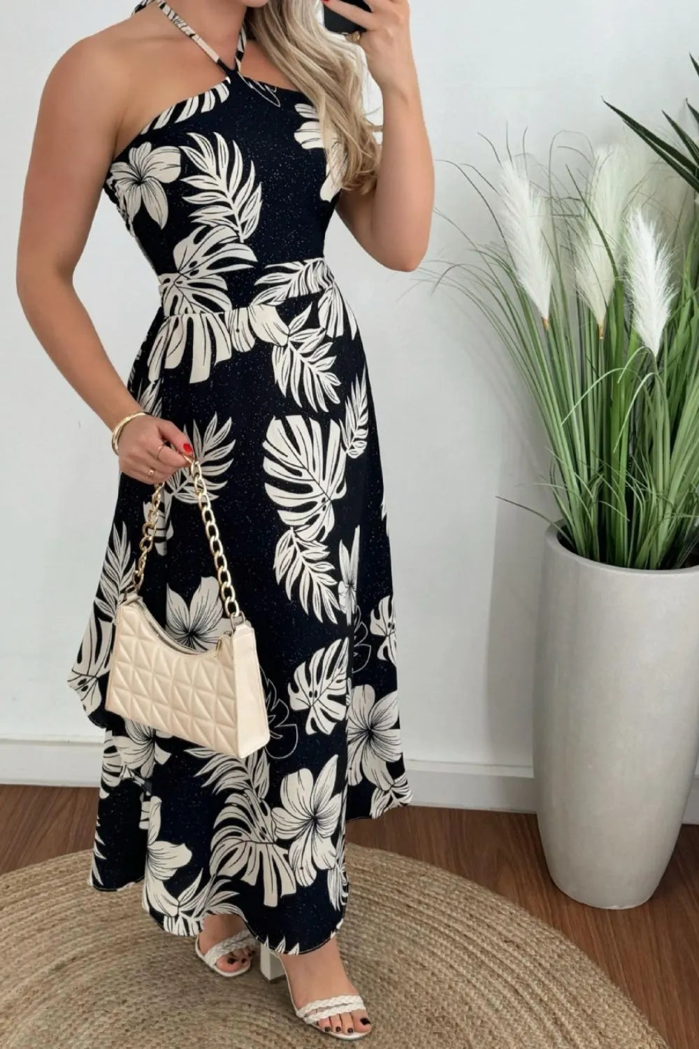Smocked Printed Halter Neck Dress black