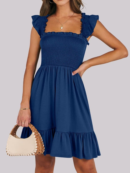 Smocked Ruffle Hem Mini Dress Navy