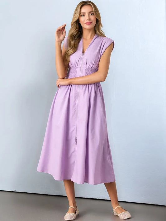 Smocked Zip Front Cap Sleeve Dress - Women's Summer Midi Dress purple