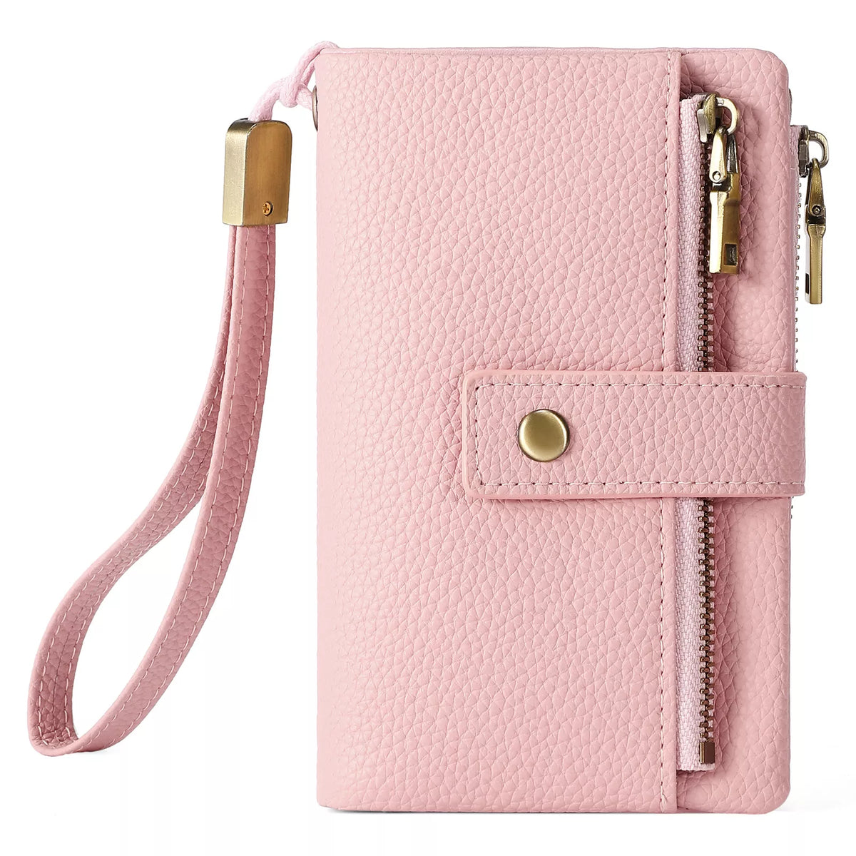 Pink vegan wristlet wallet from Marigold Collections Australia, compact bag with a solid color design and wrist strap.