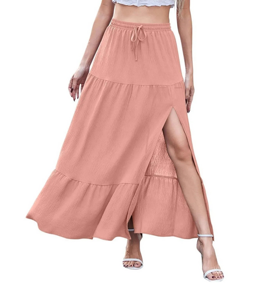 Solid Colour Slit Maxi Skirt Pink