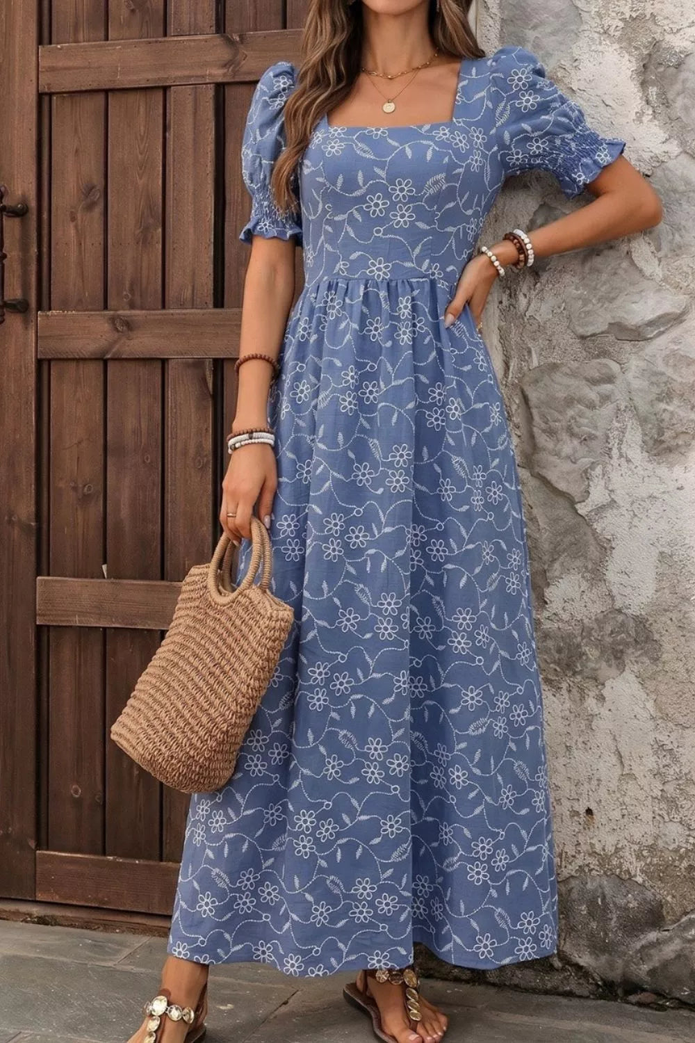 Square Neck Puff Sleeve Maxi Dress Dusty Blue