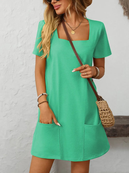 Marigold Collections Australia green square neck short sleeve mini dress