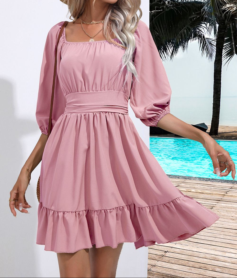 Square Neck Tie Back Ruffle Hem Dress Blush Pink