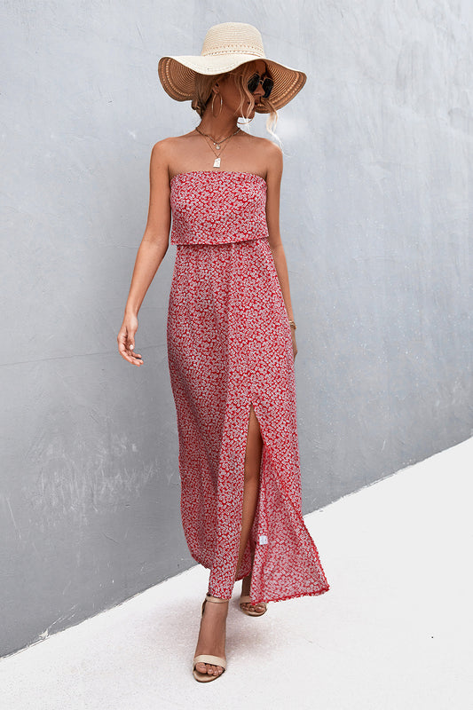 Strapless Floral Maxi Dress - Casual Summer Split Dress for Women