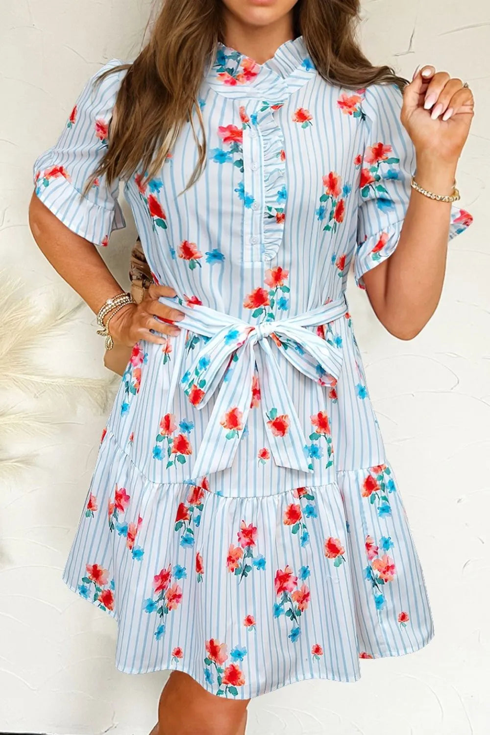 Stripe Floral Ruffle Short Sleeve Mini Dress
