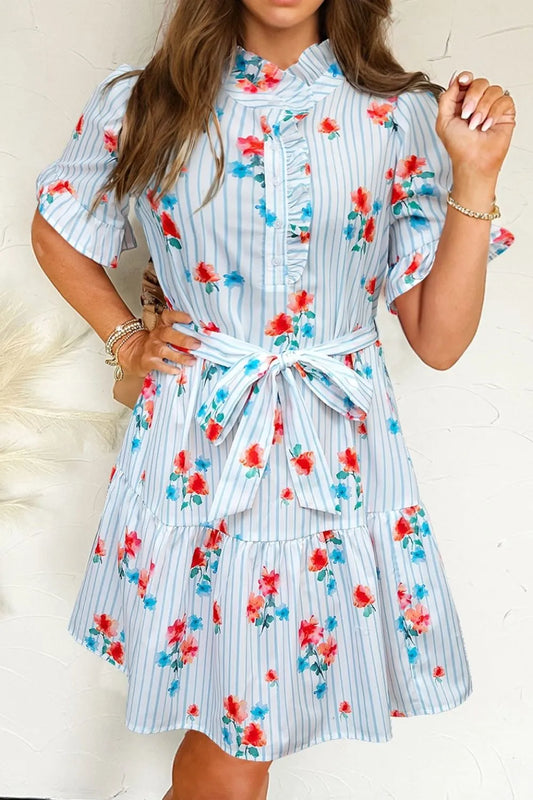 Stripe Floral Ruffle Short Sleeve Mini Dress