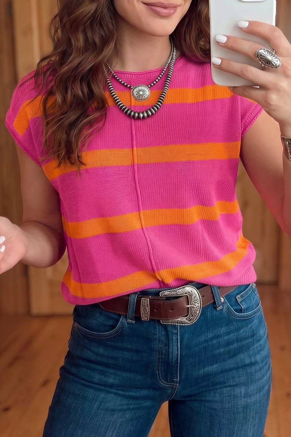Stripe Knit Short Sleeve Sweater