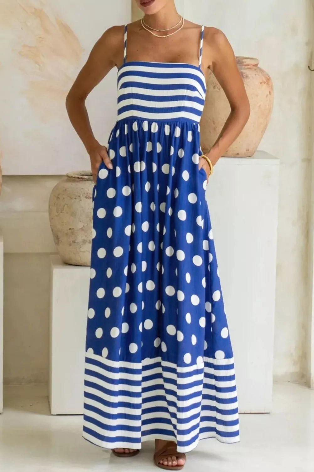 Stripe & Polka Dot Spaghetti Strap Maxi Dress Navy