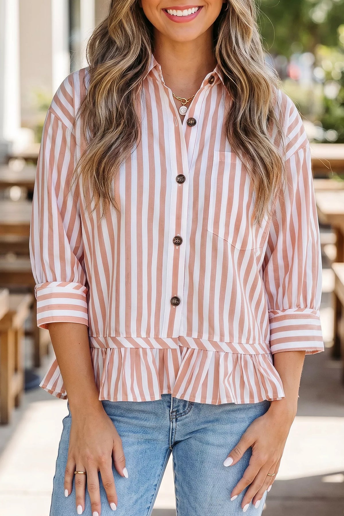 Stripe Print 3/4 Sleeve Shirt Pale Blush