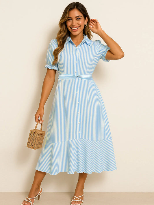 Striped Button-Down Midi Shirt Dress blue