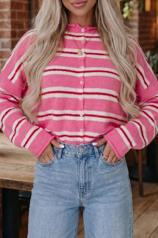 Striped Button-Up Cardigan Pink