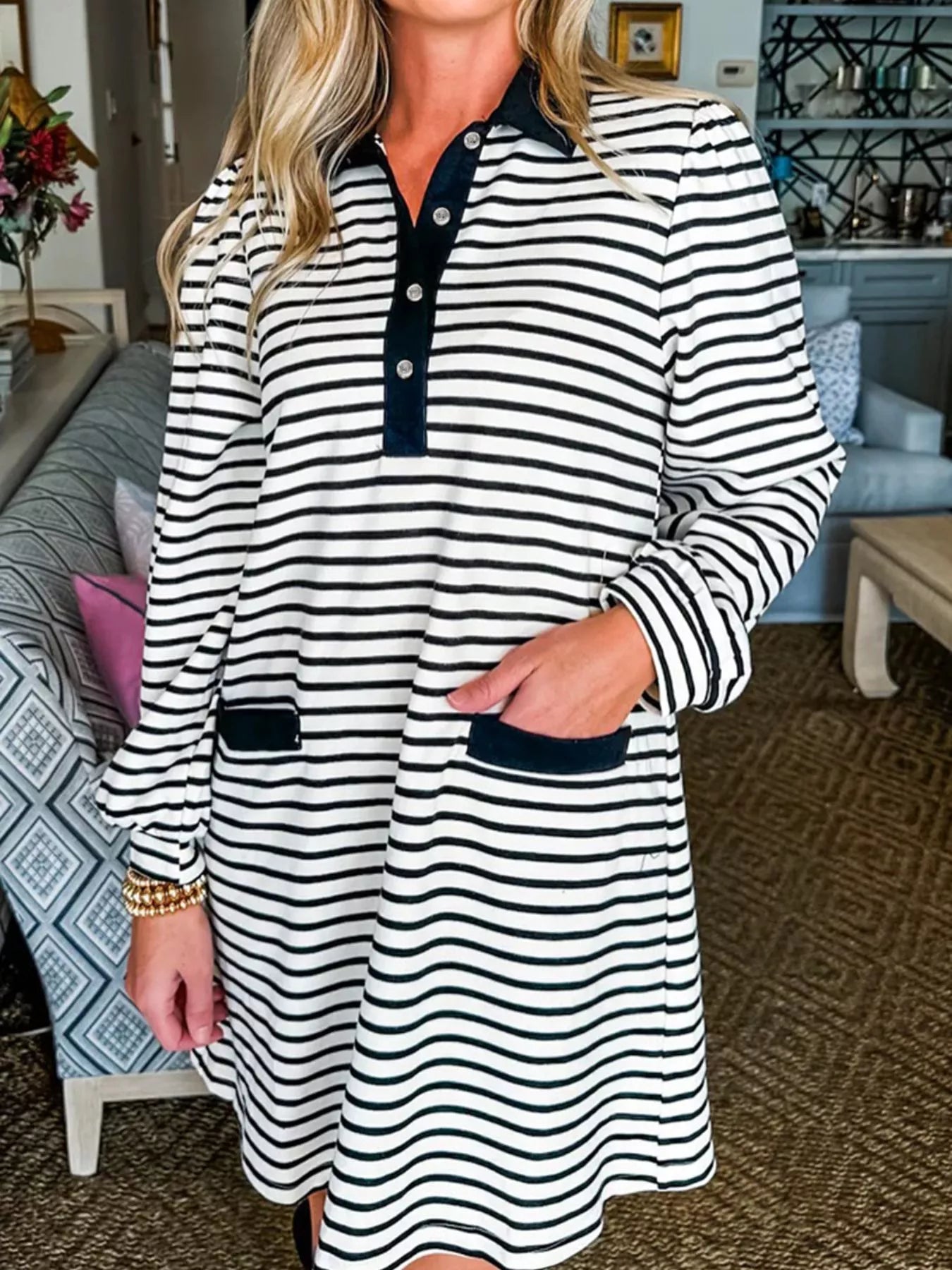 Striped Button Front Collared Long Sleeve Dress with Pockets