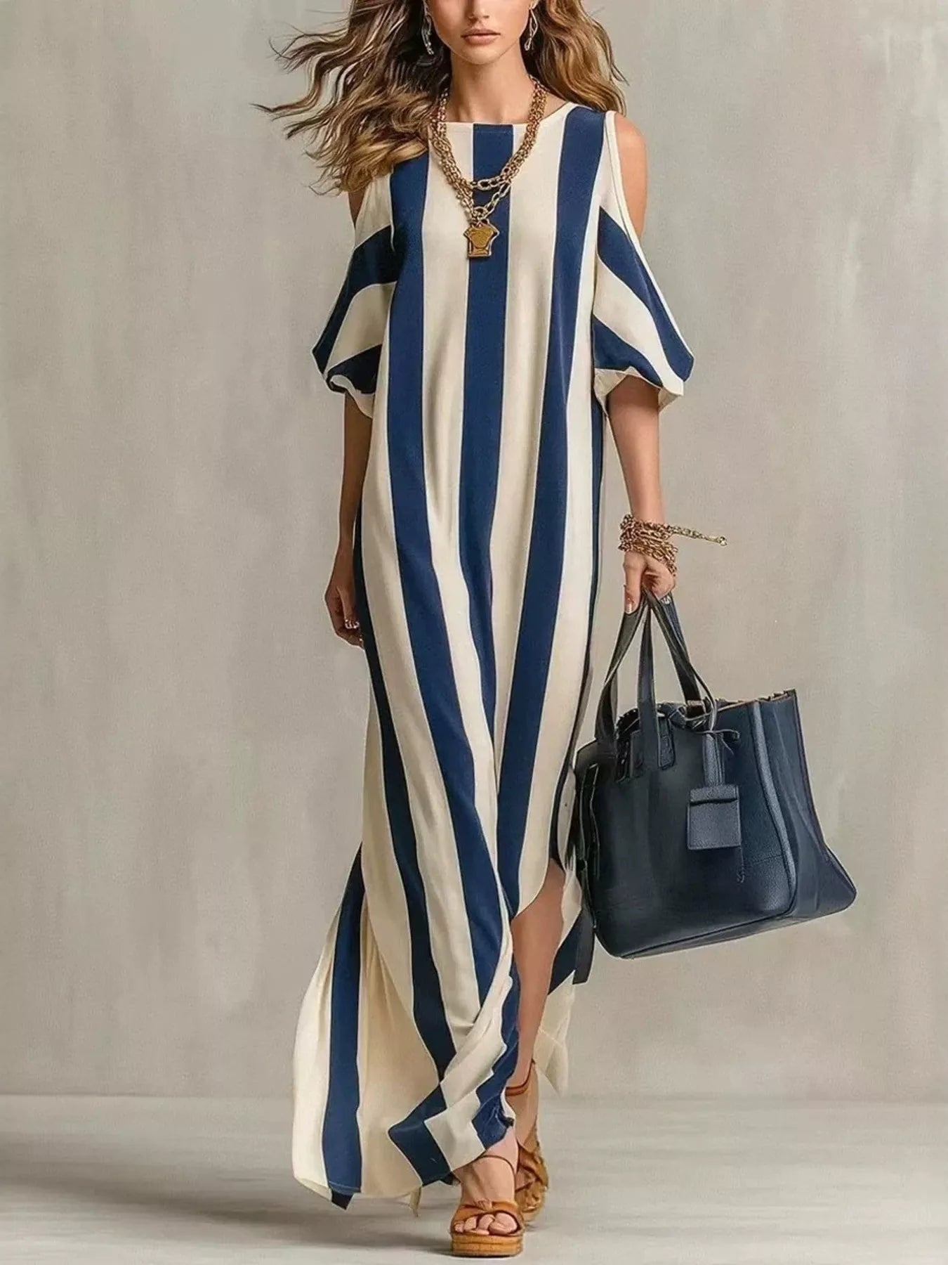 Striped Cold Shoulder Maxi Dress Dark Blue