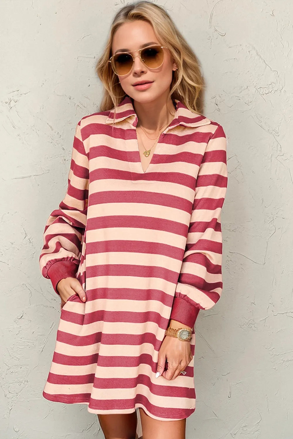 Striped Collared Long Sleeve Mini Dress with Pockets
