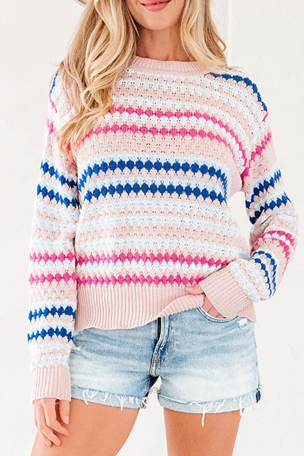 Striped Geometric Pattern Sweater Blush Pink