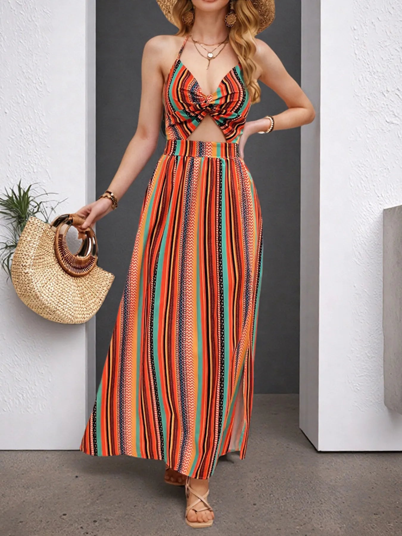Striped Halter Maxi Dress - Elegant Cutout Party Dress for Women