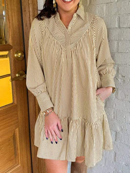 Striped Long Sleeve Ruffle Hem Shirt Dress