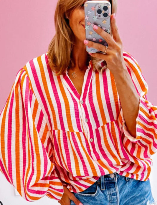 Striped Notched Flounce Sleeve Blouse