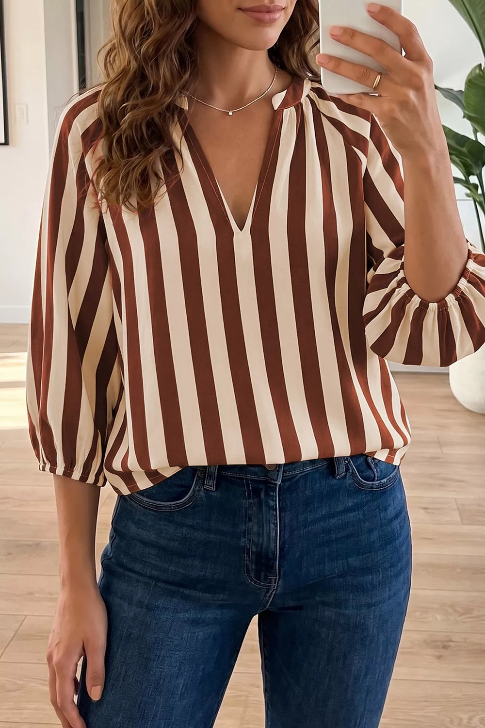 Striped Notched Half Sleeve Blouse Camel