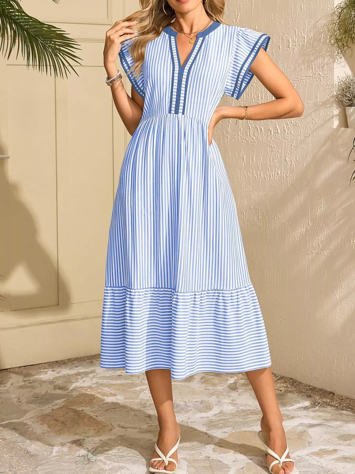 Striped Notched Ruffle Sleeve Midi Dress