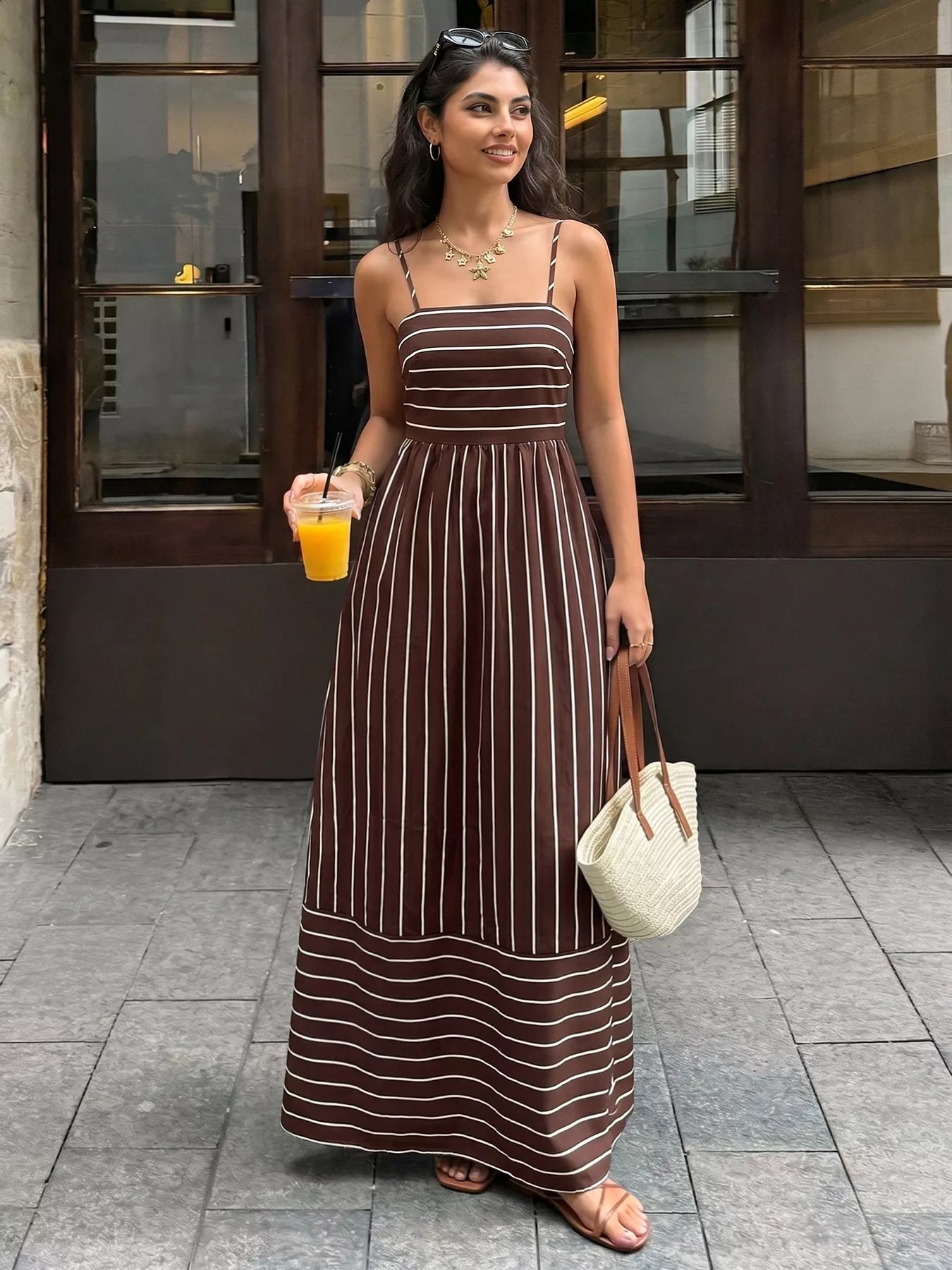 Striped Print Spaghetti Strap Maxi Dress Brown